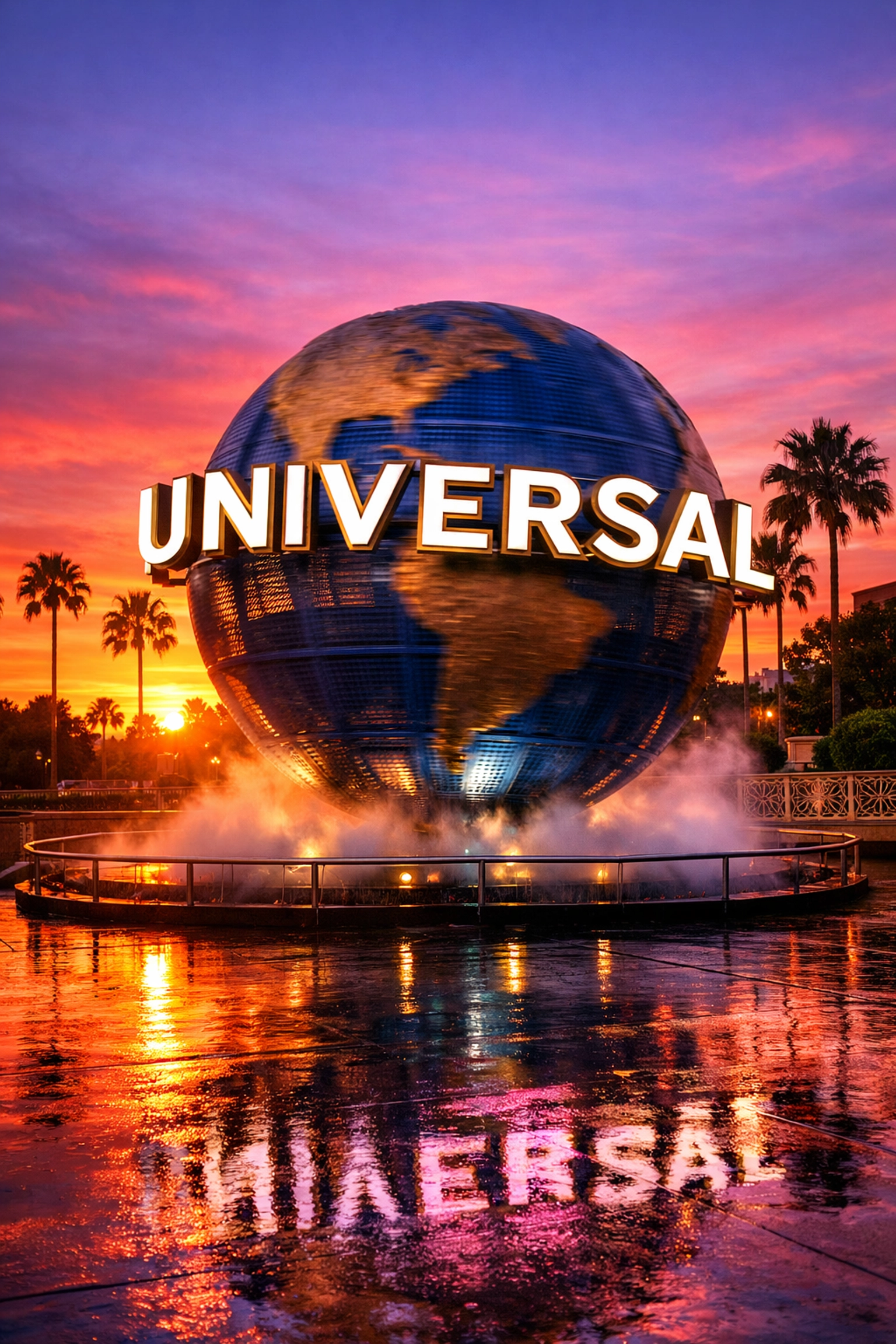 The iconic Universal Studios Globe spinning at sunset, a must-visit photo spot at the park entrance.
