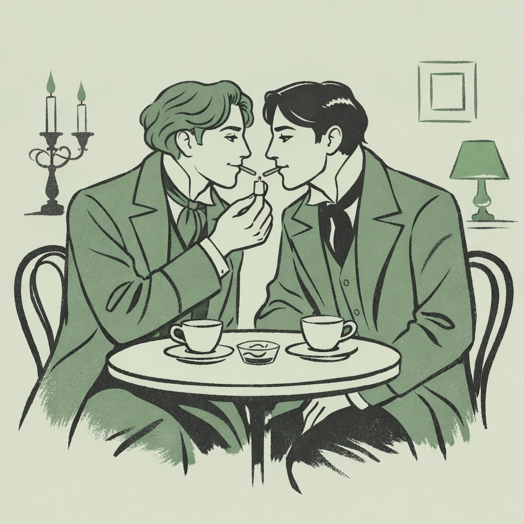Drawing of a Victorian-era gay couple at a Soho café, a setting common in gay classics and literature.