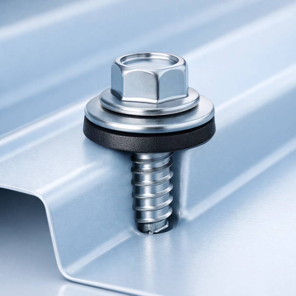 Properly installed metal roofing fastener with a rubber washer to prevent leaks on a Sydney roof.