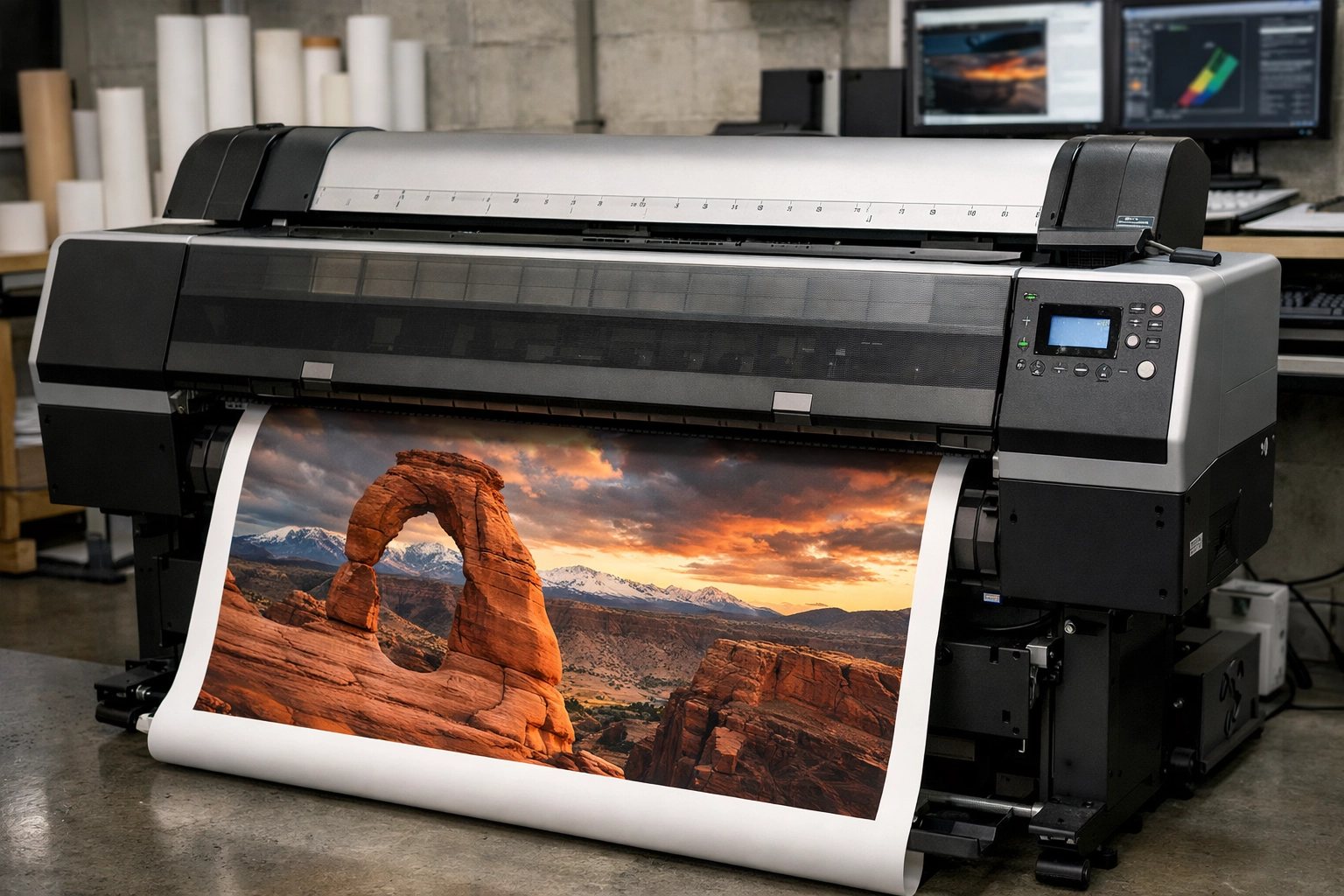 Professional giclée printer producing archival prints on high-value fine art photography paper for collectors.