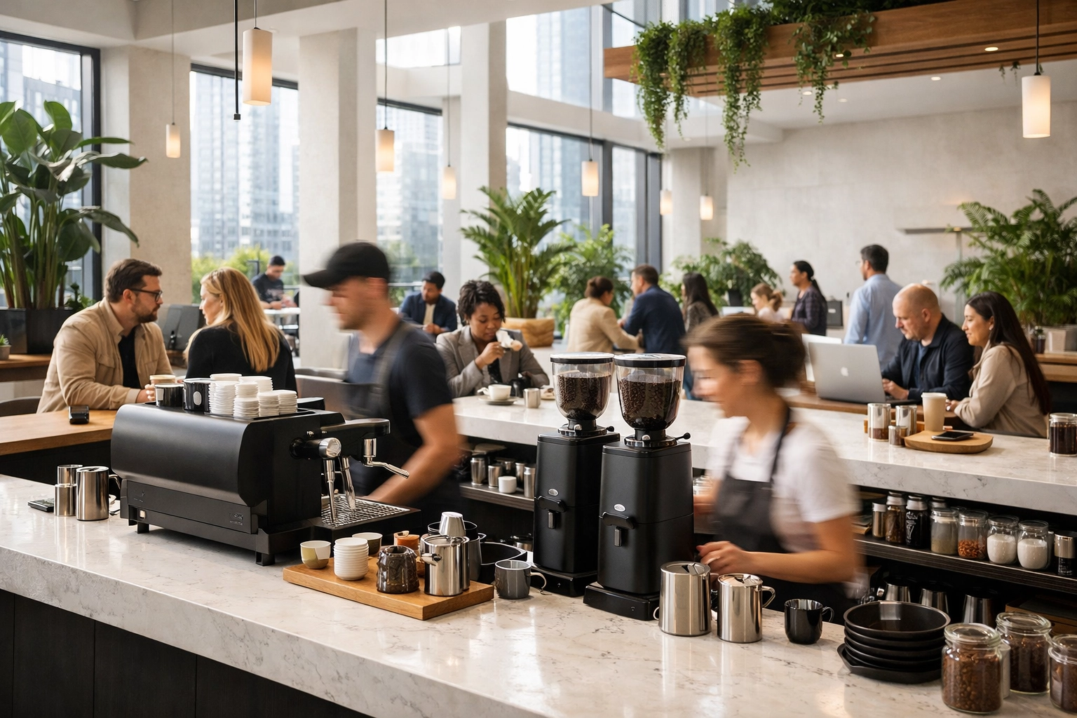 Modern minimalist espresso bar showing the bustling energy of the global urban coffee culture and industry growth.