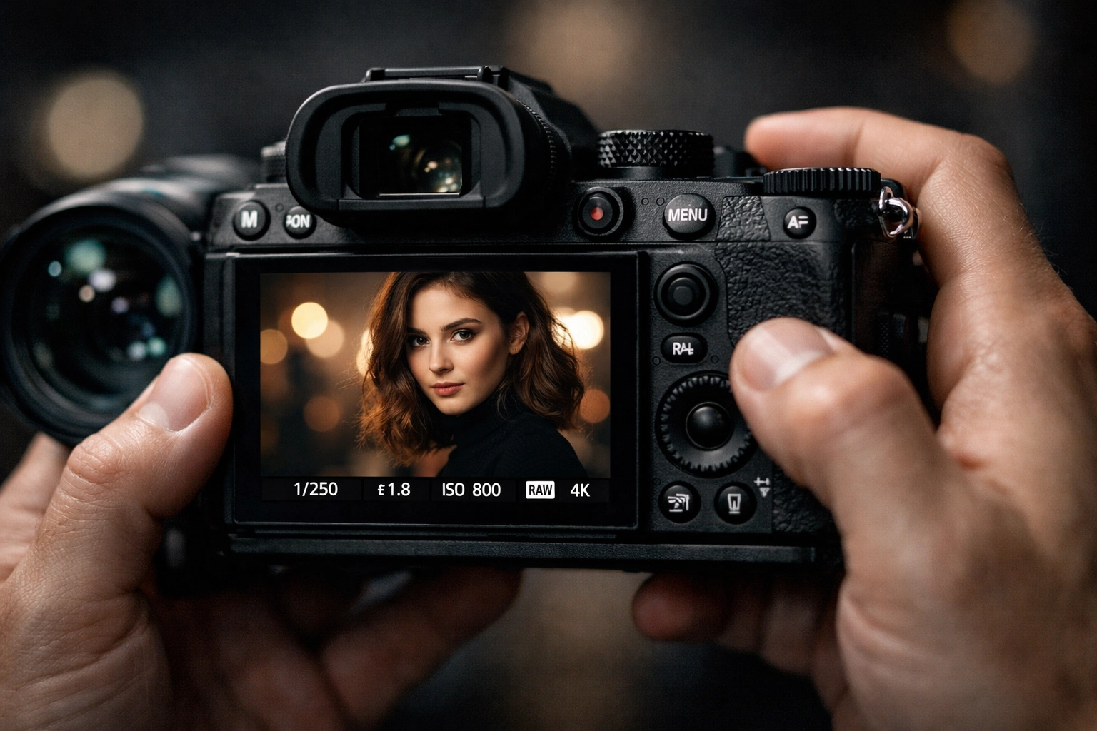 A photographer adjusting settings on a professional camera while learning how to use manual mode camera.
