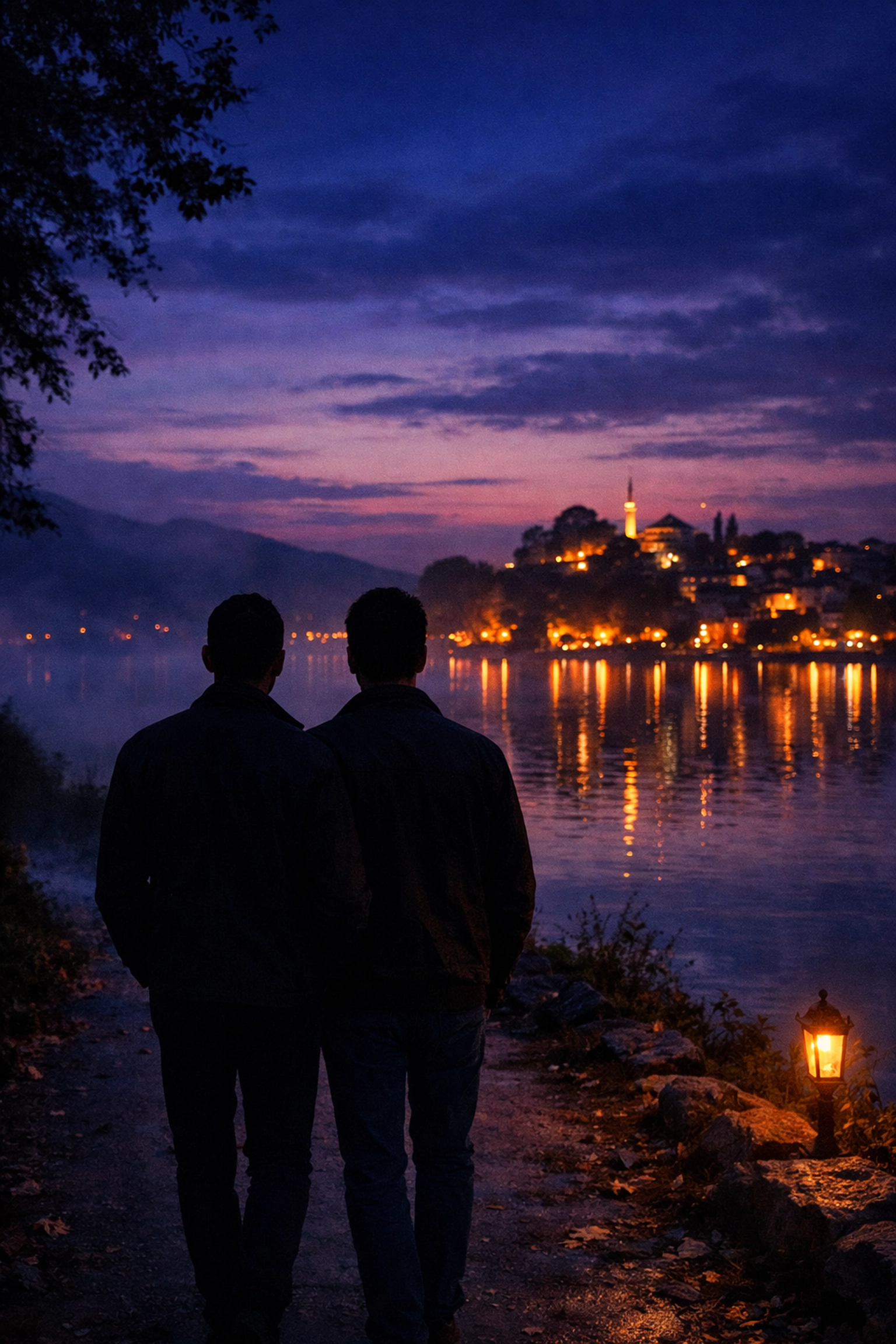 Two men walking together at dusk along Lake Pamvotida in Ioannina Greece gay love story