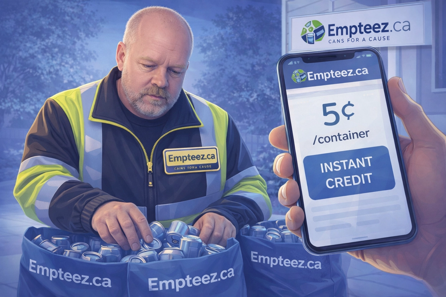 Tim “Can Man” Kemsley counting aluminum cans on-site as an Empteez.ca instant credit appears on a mobile screen (official Empteez.ca logo visible)