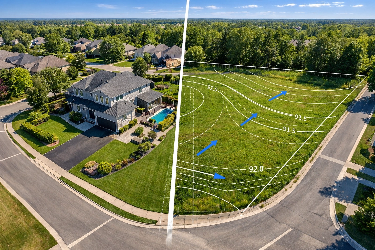 Drone view of an Ontario residential lot severance showing a property split for new land development.