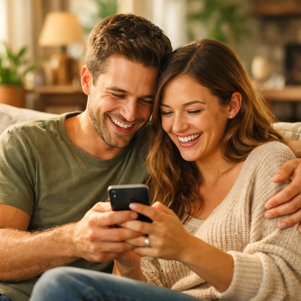 Happy engaged couple tracking their wedding fund growth on a smartphone.