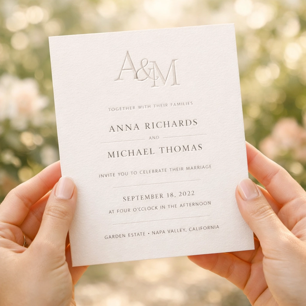 Close-up of a minimalist wedding invitation card bridging the gap between paper and digital RSVPs.