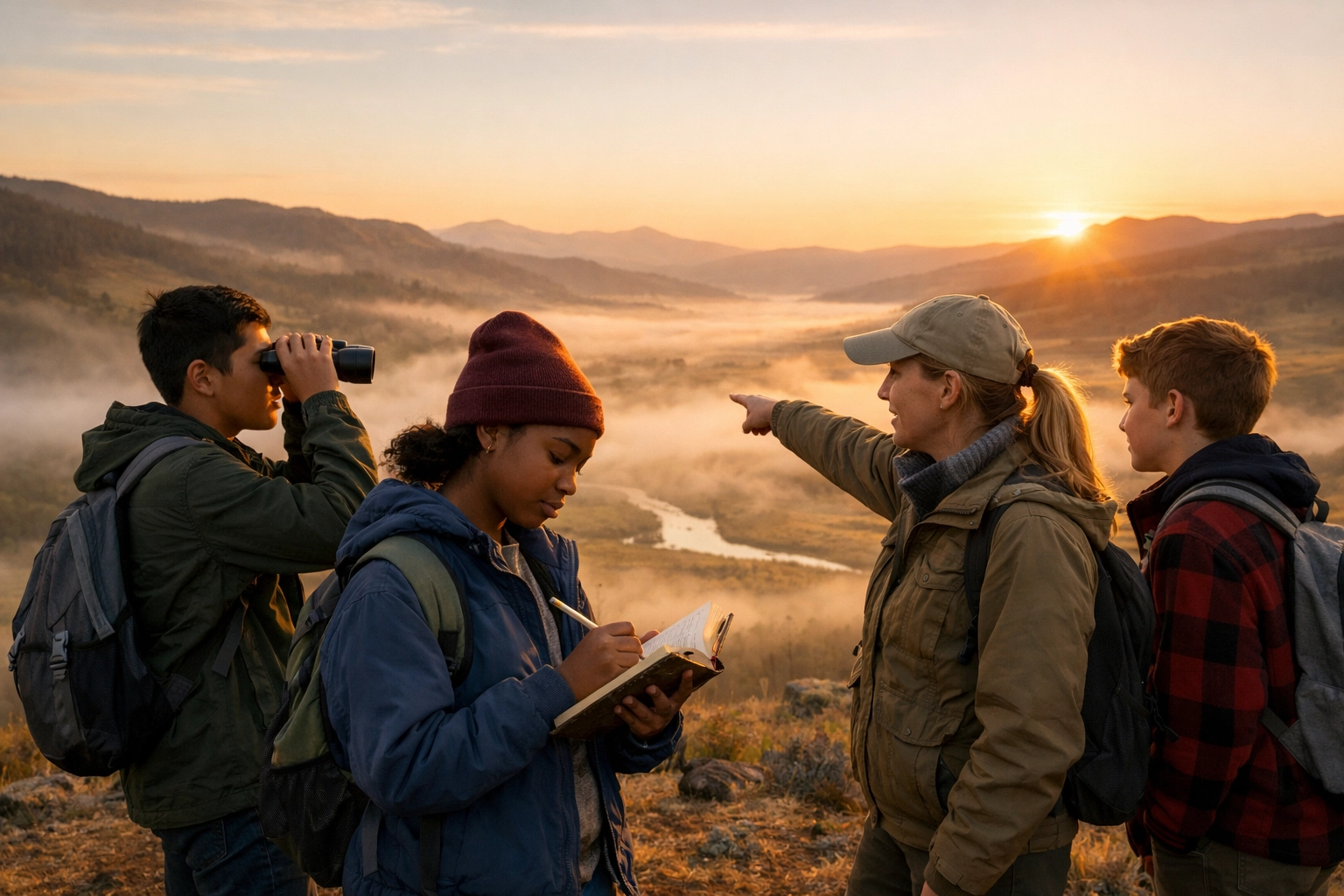 High school students and teacher tracking wildlife in Lamar Valley during a Yellowstone science trip.