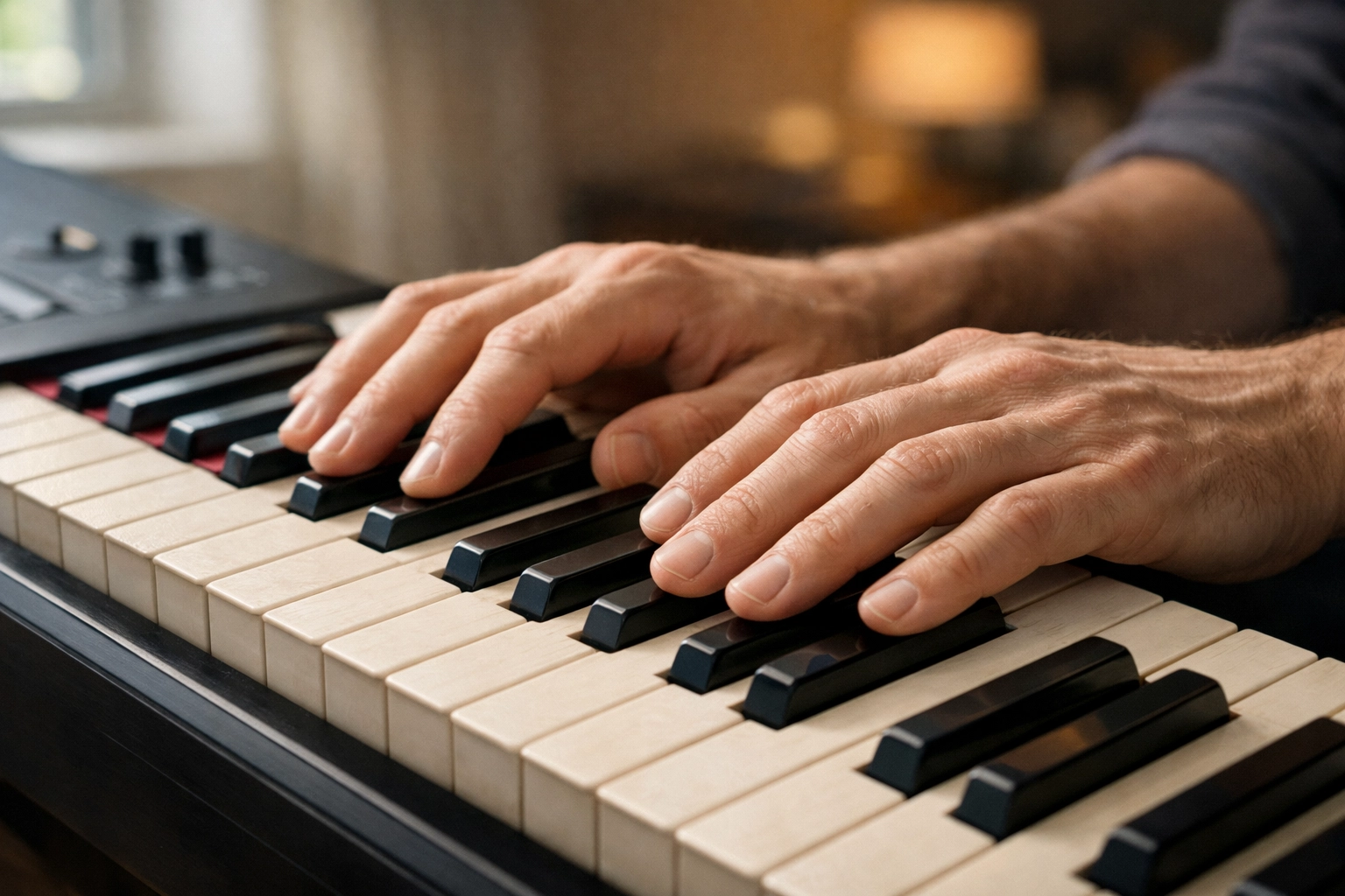 Adult student resting hands on weighted digital piano keys during adult piano lessons.