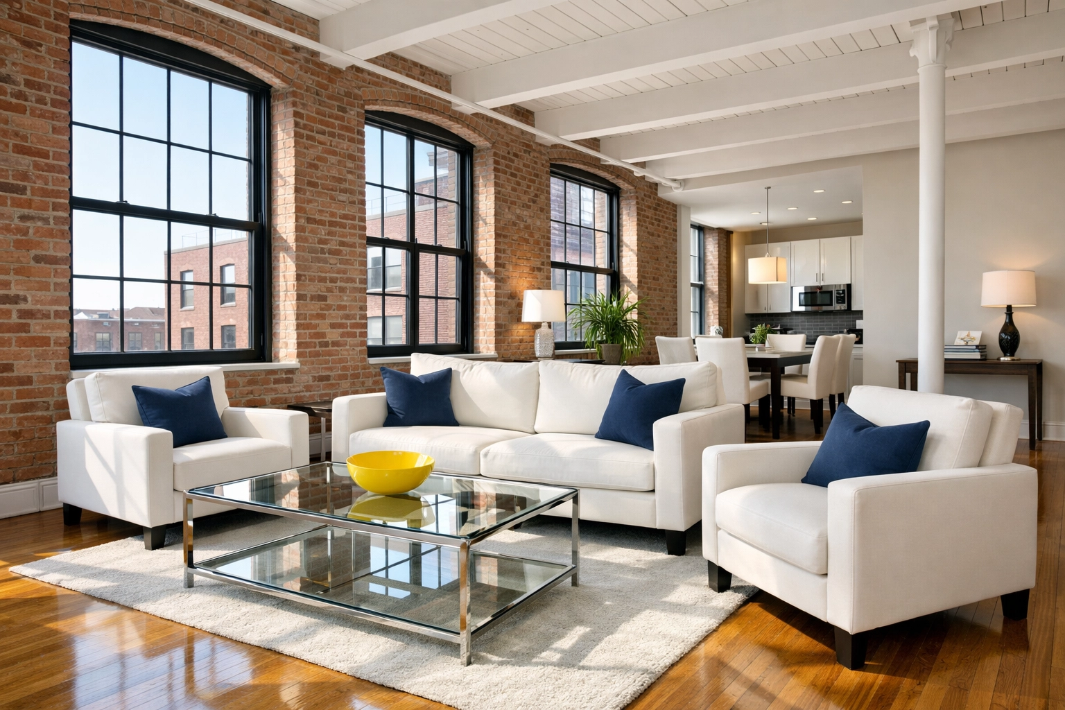 A sunlit, clean Lowell loft apartment with shiny hardwood floors after professional cleaning.