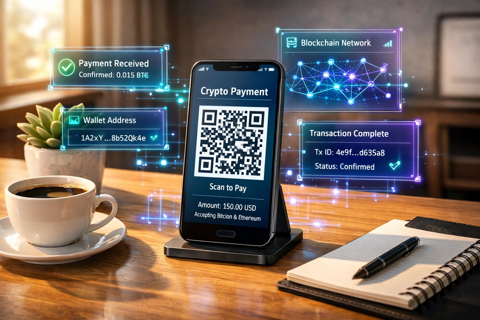 Crypto POS system for small business showing smartphone QR code payment and wallet interface