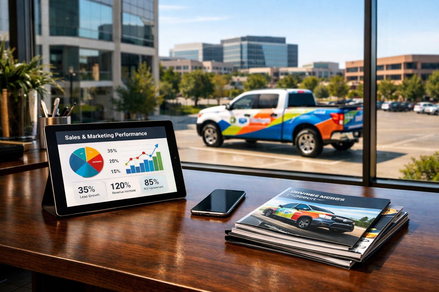 Business workspace featuring marketing brochures and a branded company vehicle visible in the parking lot.