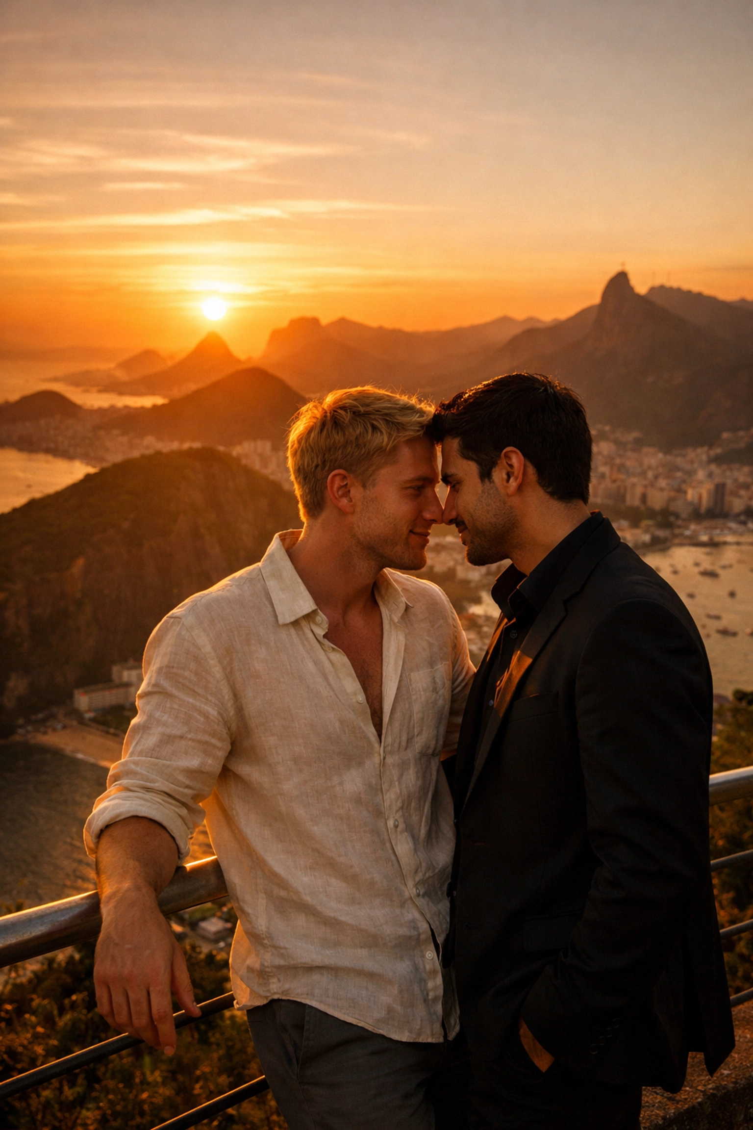 Two men sharing romantic tension at Sugarloaf Mountain summit overlooking Rio de Janeiro at sunset