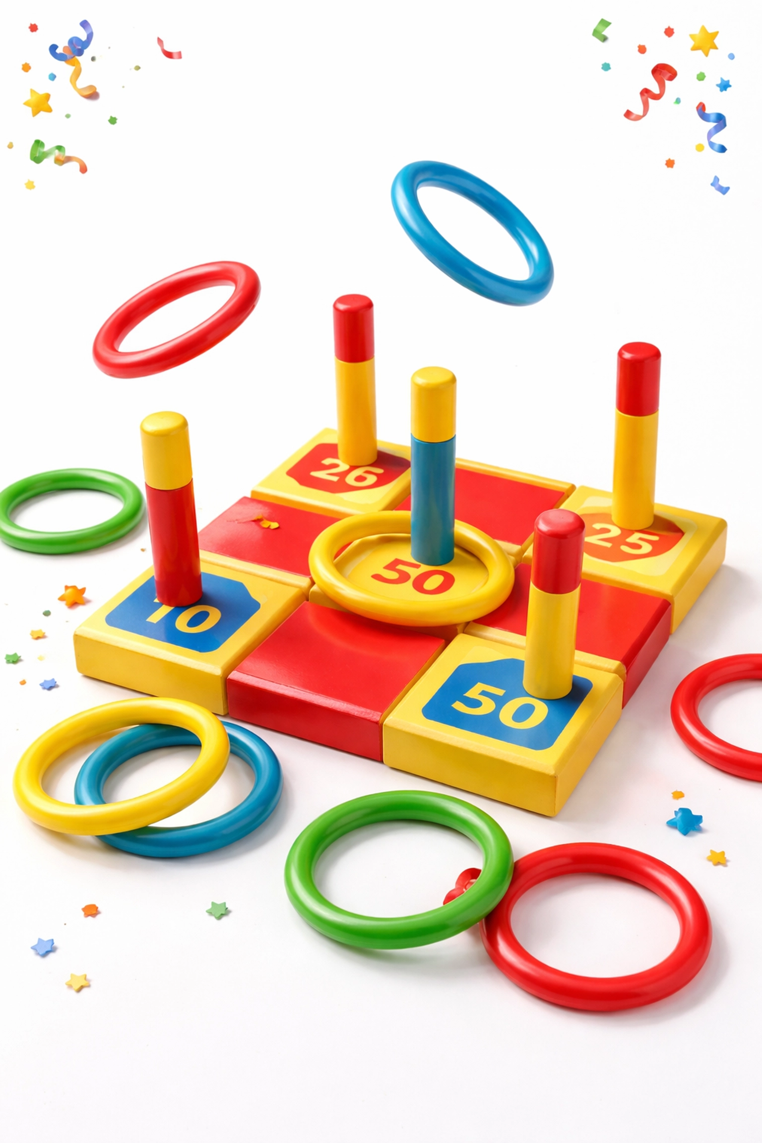 Colorful carnival ring toss game setup with red and yellow pegs, popular for school and community fair rentals.