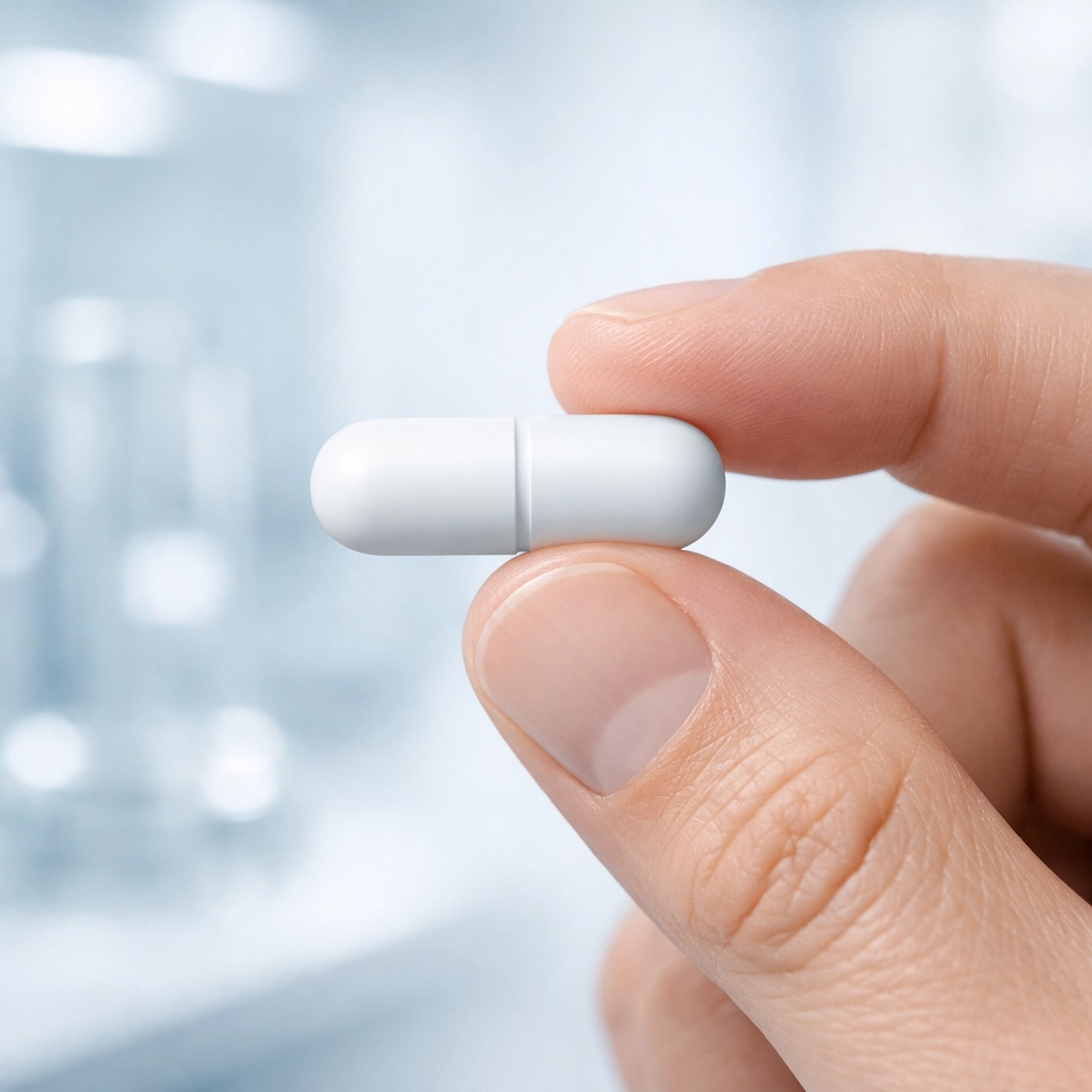 A hand holding an oral weight loss medication pill, showcasing needle-free medical treatment options.