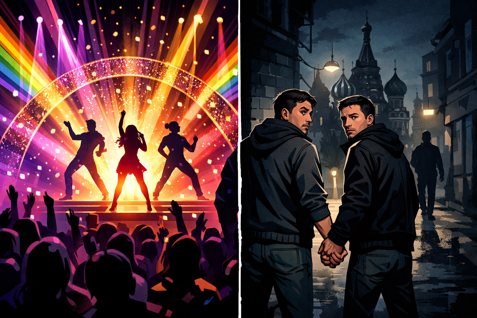 Eurovision stage celebration contrasted with gay couple facing fear in Moscow streets