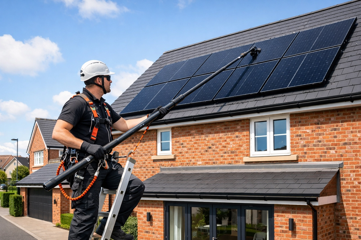 A professional solar technician performing a safe rooftop inspection using a telescopic pole.