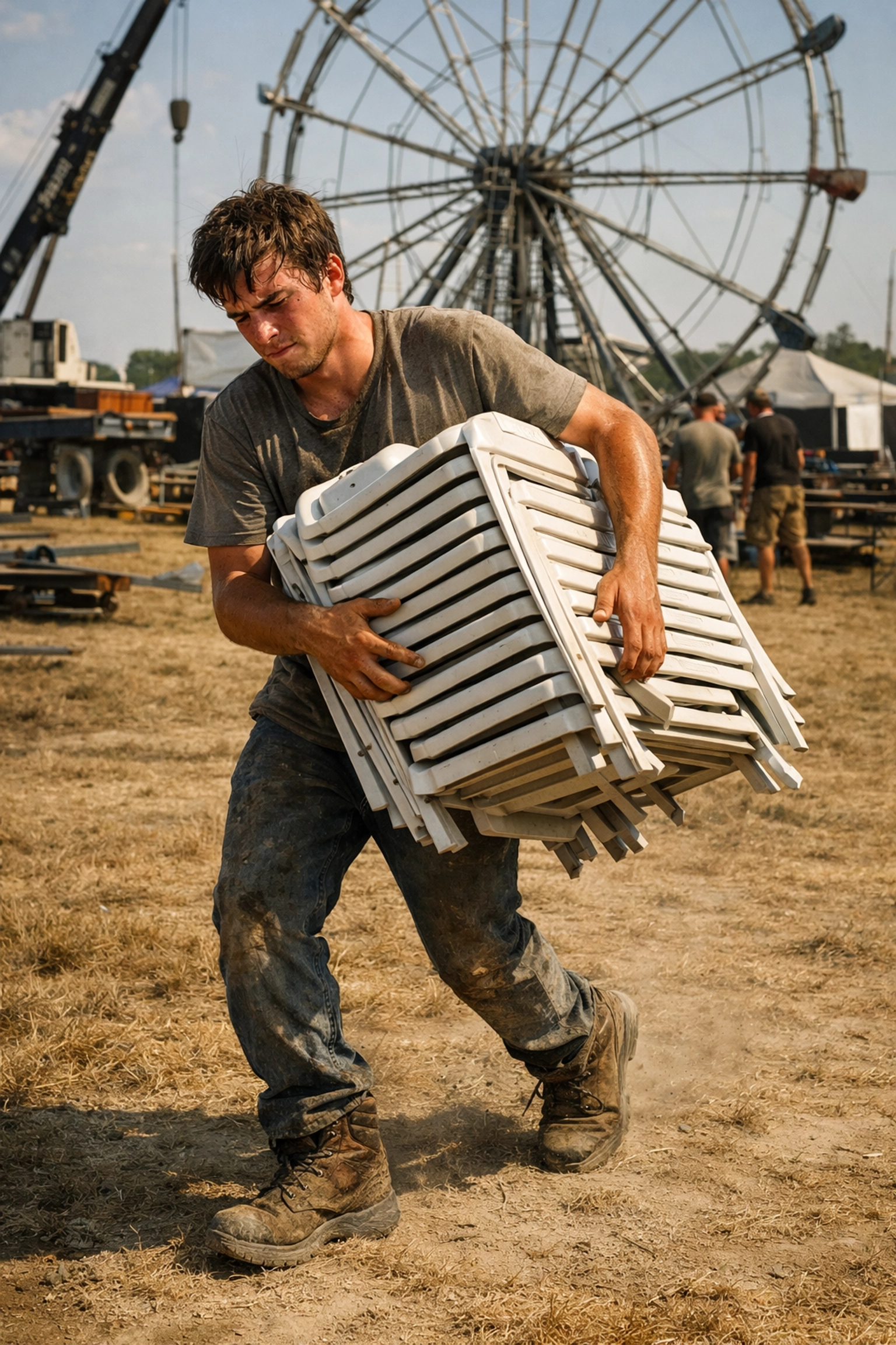 Young volunteer hauling heavy chairs at a fairground, illustrating common youth volunteer burnout.