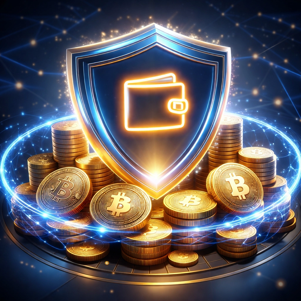 Digital shield protecting crypto coins and wallet symbolizes Larecoin's LUSD stablecoin security for global web3 payments.