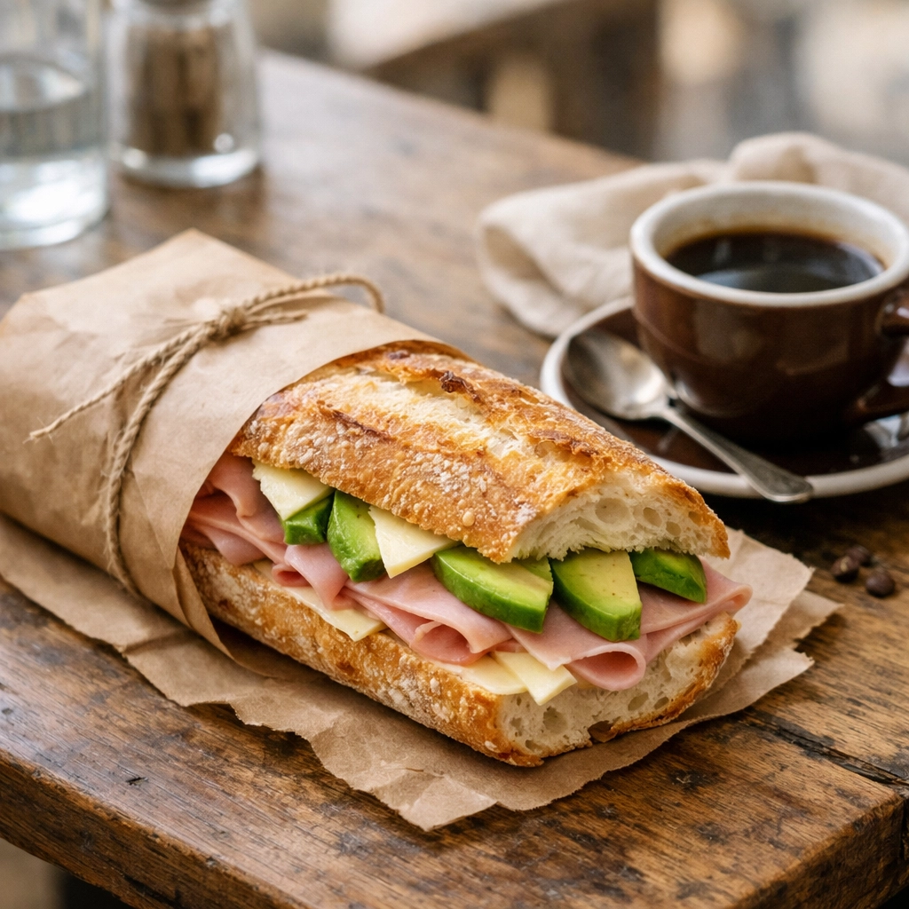 A fresh baguette sandwich and black coffee, perfect for an affordable breakfast while traveling in Mexico City.