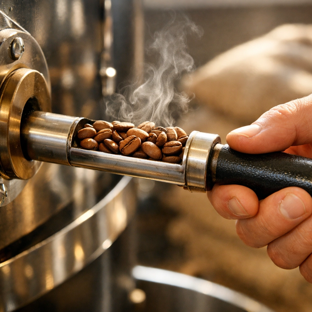 Master roaster inspecting wholesale coffee bean quality during a professional roasting session.