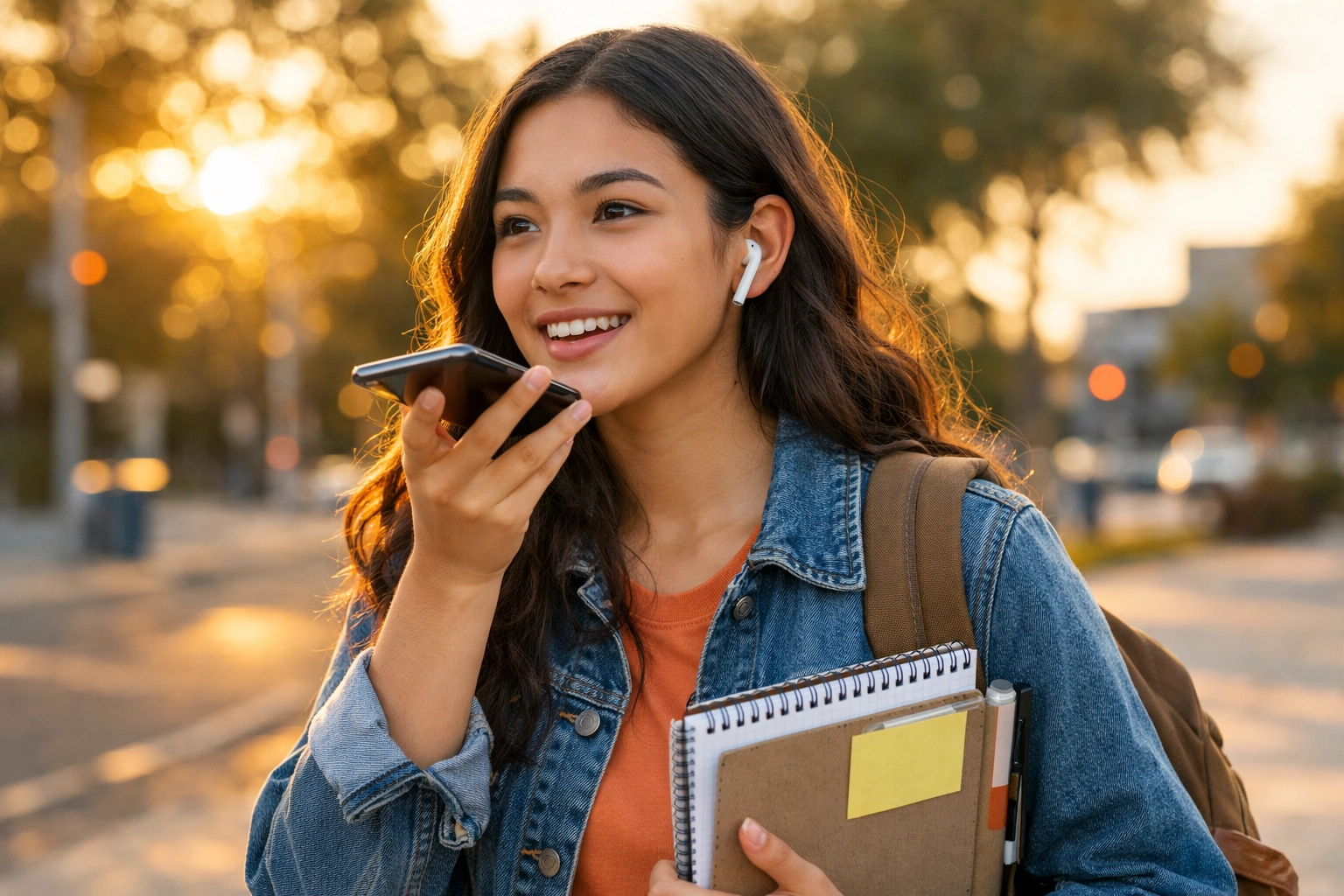 A teen using voice-to-text on a phone while walking, capturing a helpful idea before it disappears.