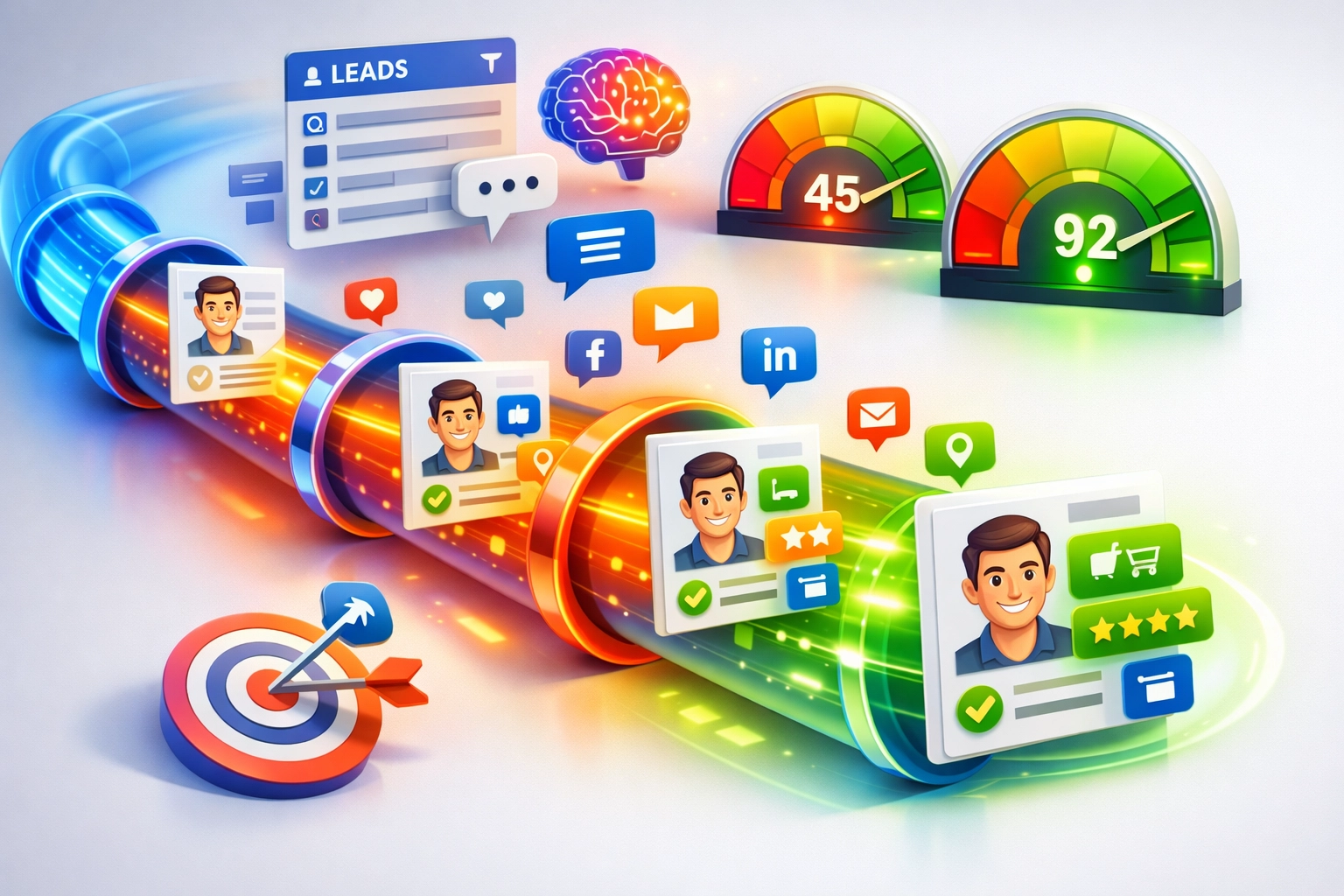 Automated lead scoring and CRM workflow showing marketing automation funnel with customer enrichment