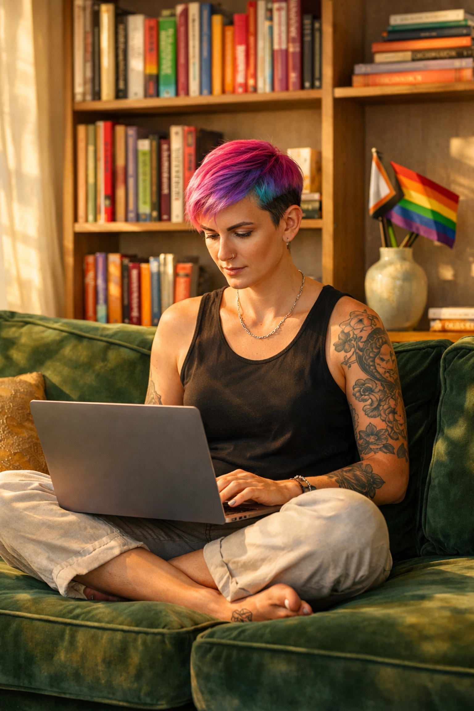 LGBTQ+ person working remotely on a laptop in a bright, affirming home office setting.