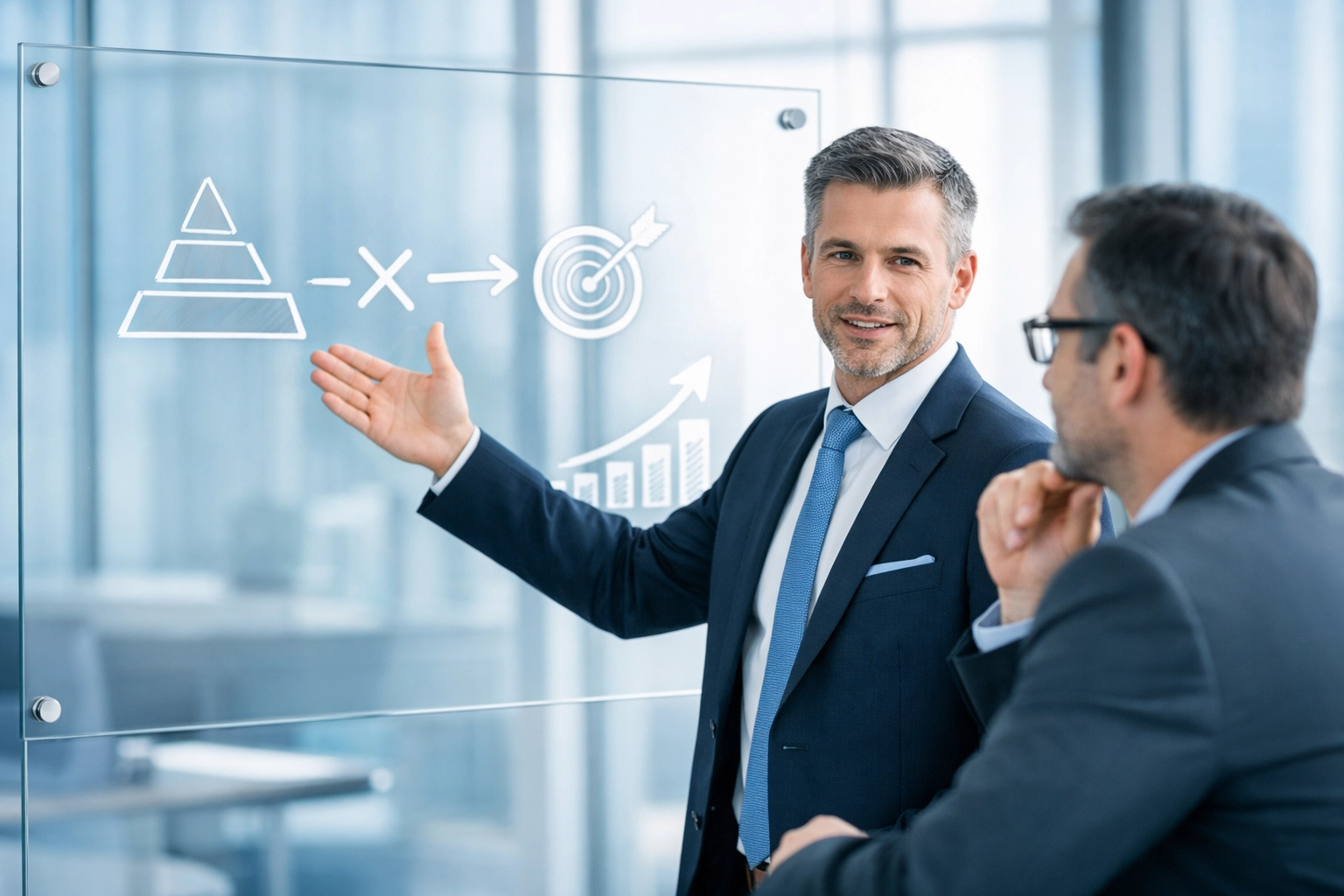 Sales professional presenting strategic insights to a client on a glass whiteboard in a modern office.