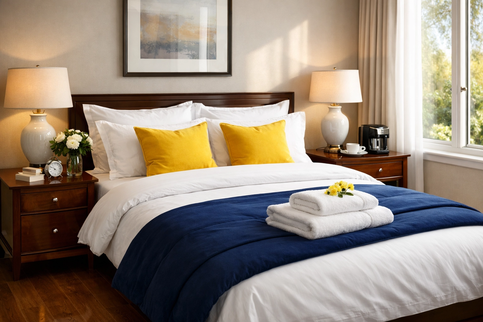 Guest room cleaning in Worcester with fresh linens and polished furniture for holiday visitors.