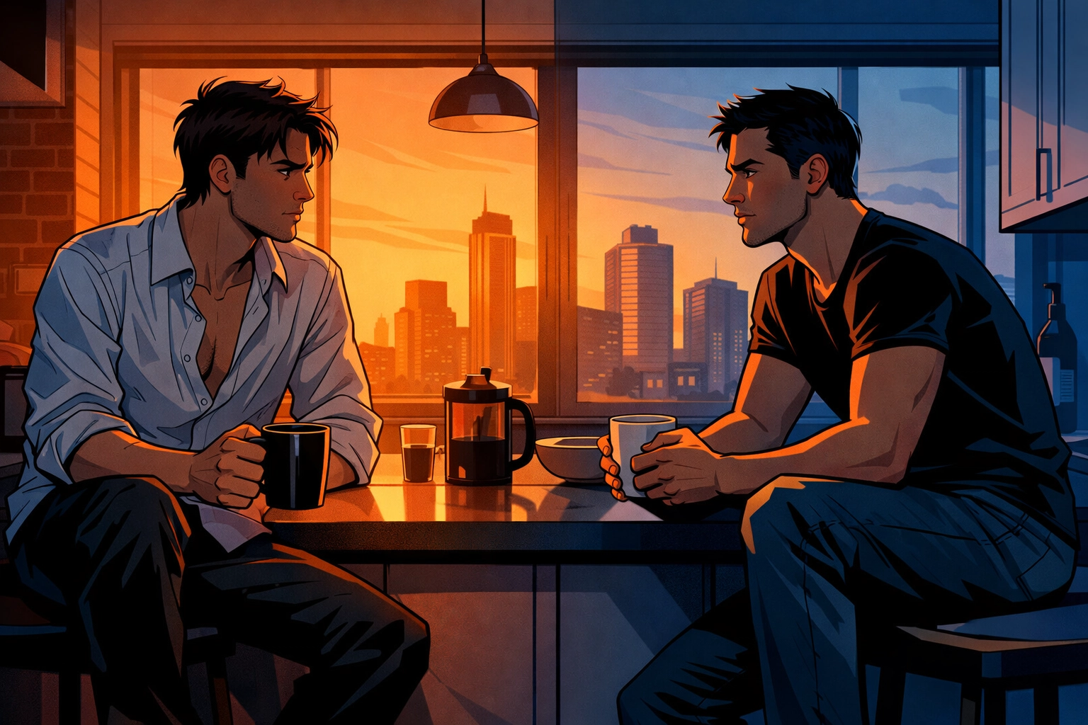 Two men having coffee and conversation at sunrise after night together in MM romance story