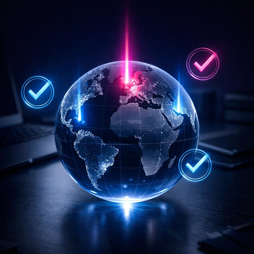 Digital globe with highlighted cities representing precise geographic targeting for global PPC campaigns.