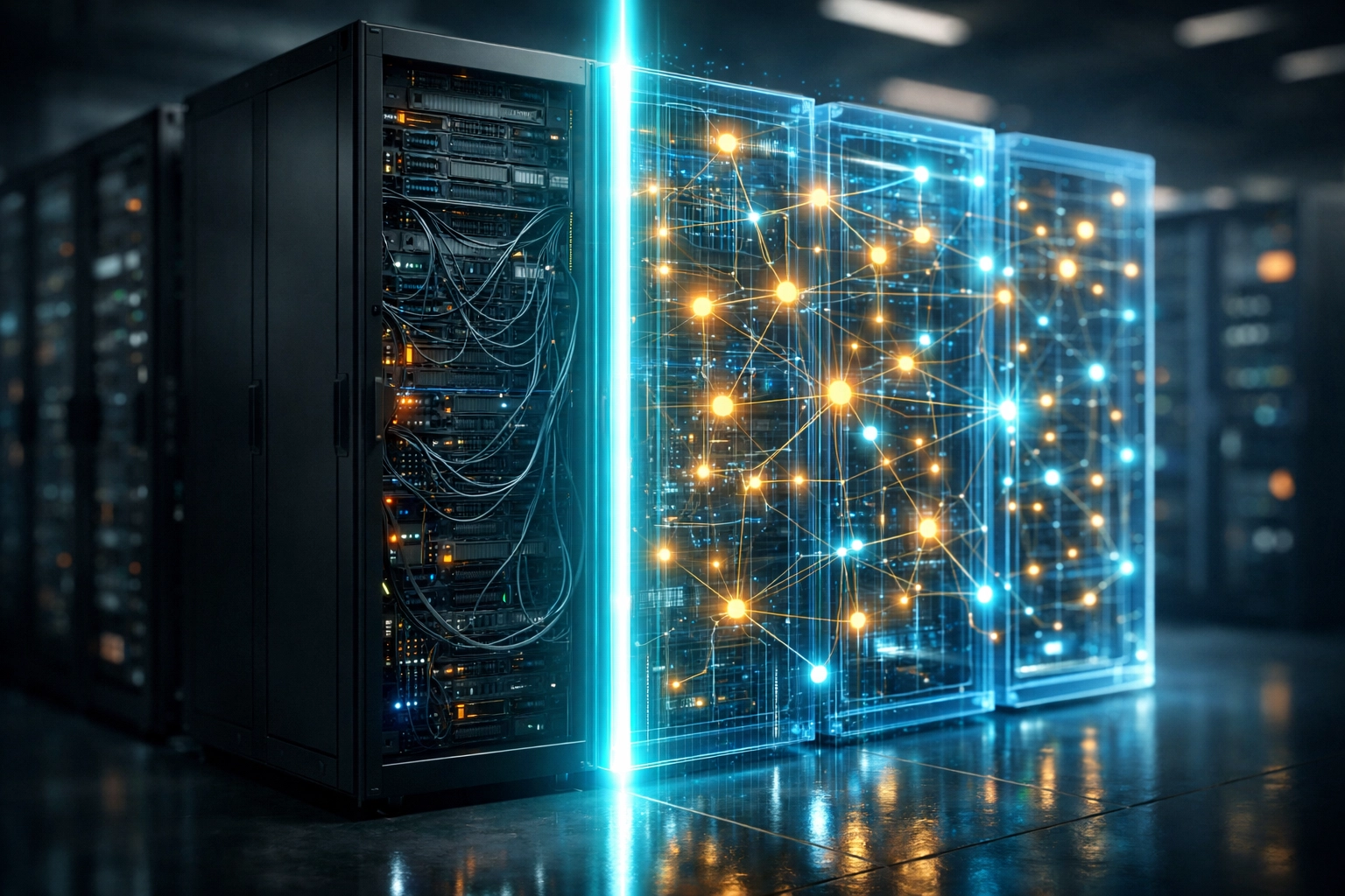 A digital twin of network infrastructure mapping automated discovery and device validation in a data centre.
