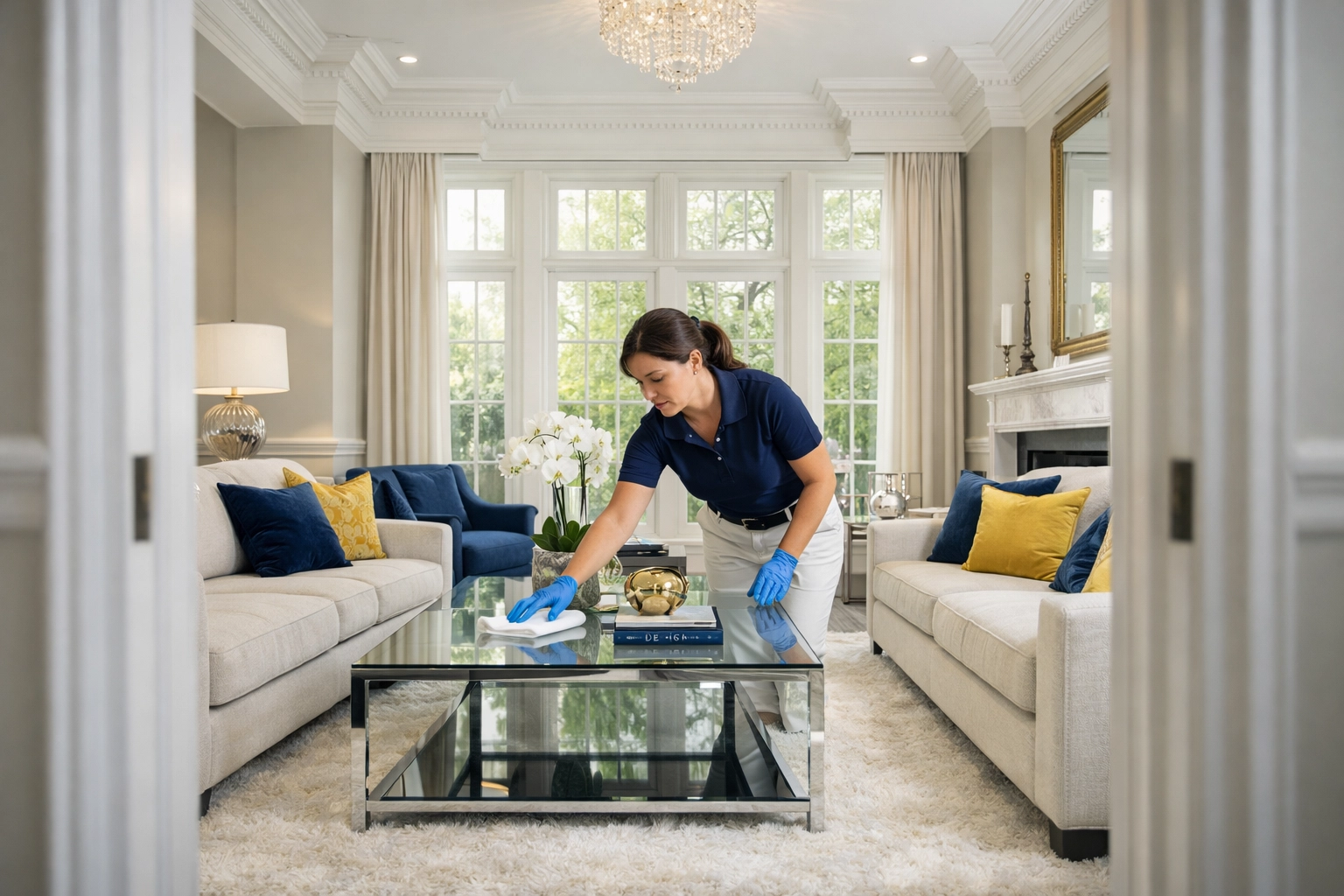 Professional cleaner dusting a high-end living room in Newton MA, showing detailed residential cleaning services.
