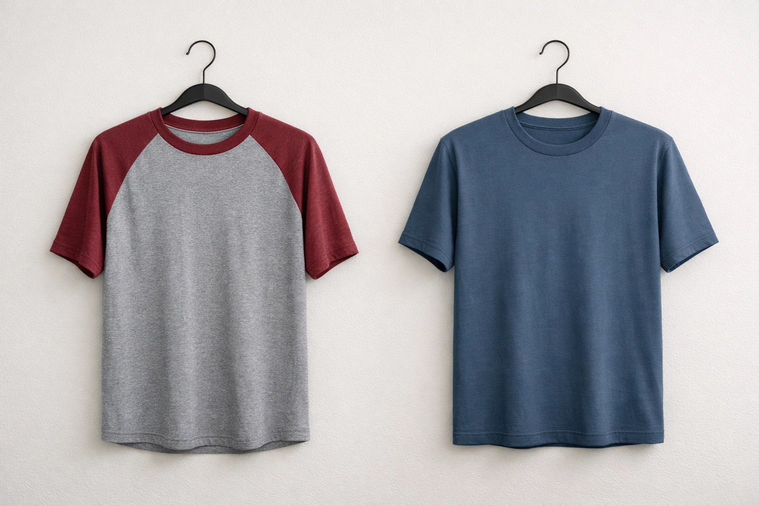 Comparison of custom raglan and crew neck shirt styles highlighting different shoulder seam constructions.