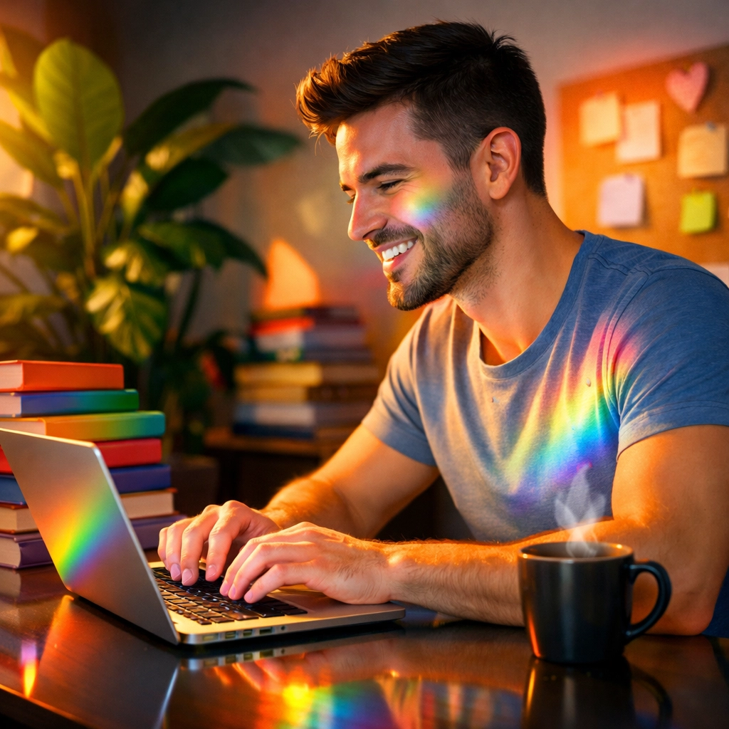 A queer author focuses on writing their next popular gay romance book in a creative workspace.