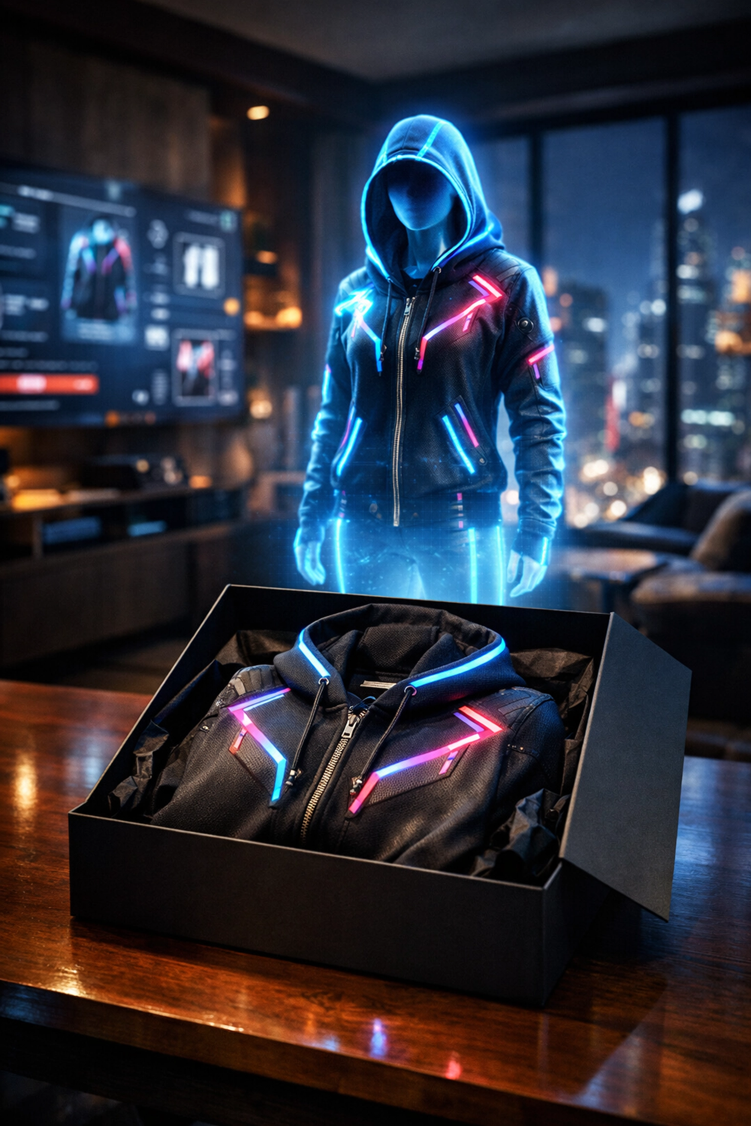 A digital avatar and physical hoodie illustrating phygital commerce and metaverse shopping with Larecoin.