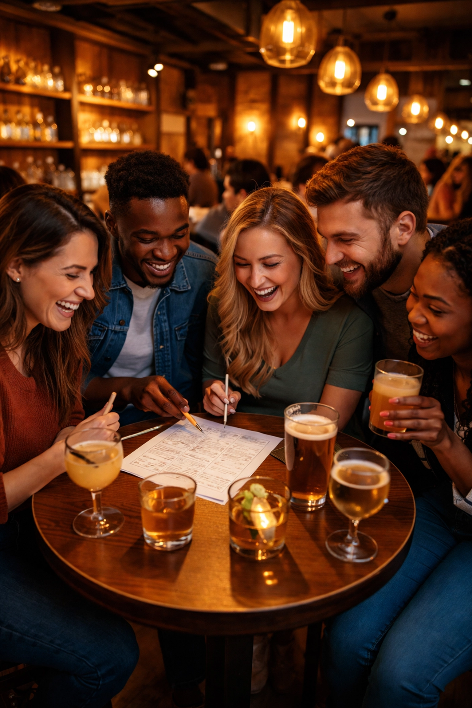 Friends enjoying bar trivia night at an upscale cocktail bar, a proven event marketing strategy for profitability