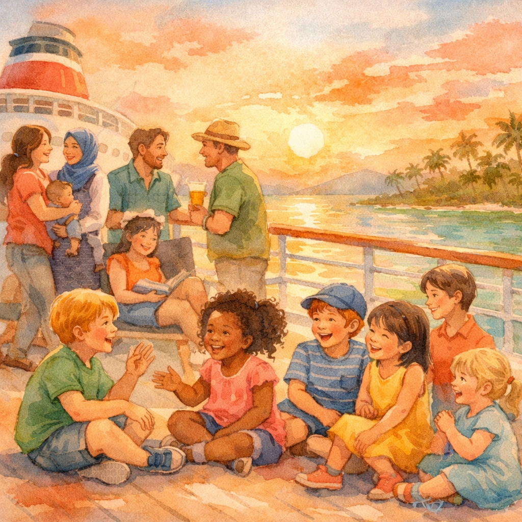 Homeschool families connecting on cruise ship deck at sunset