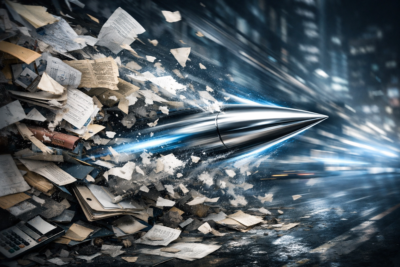 A fast-moving silver streak cutting through paperwork, representing rapid business transformation and momentum.