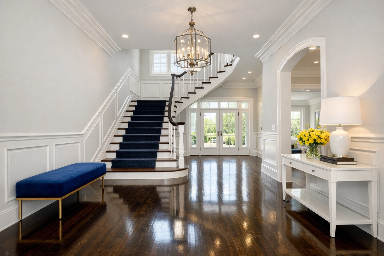 A pristine high-end foyer in a Newton estate cleaned by professional cleaners to create a perfect first impression.