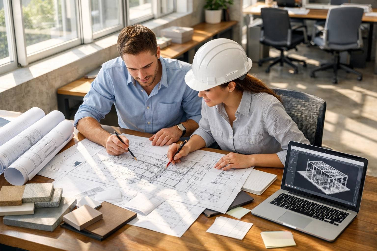 Architect and structural engineer collaborating on building plans in London office