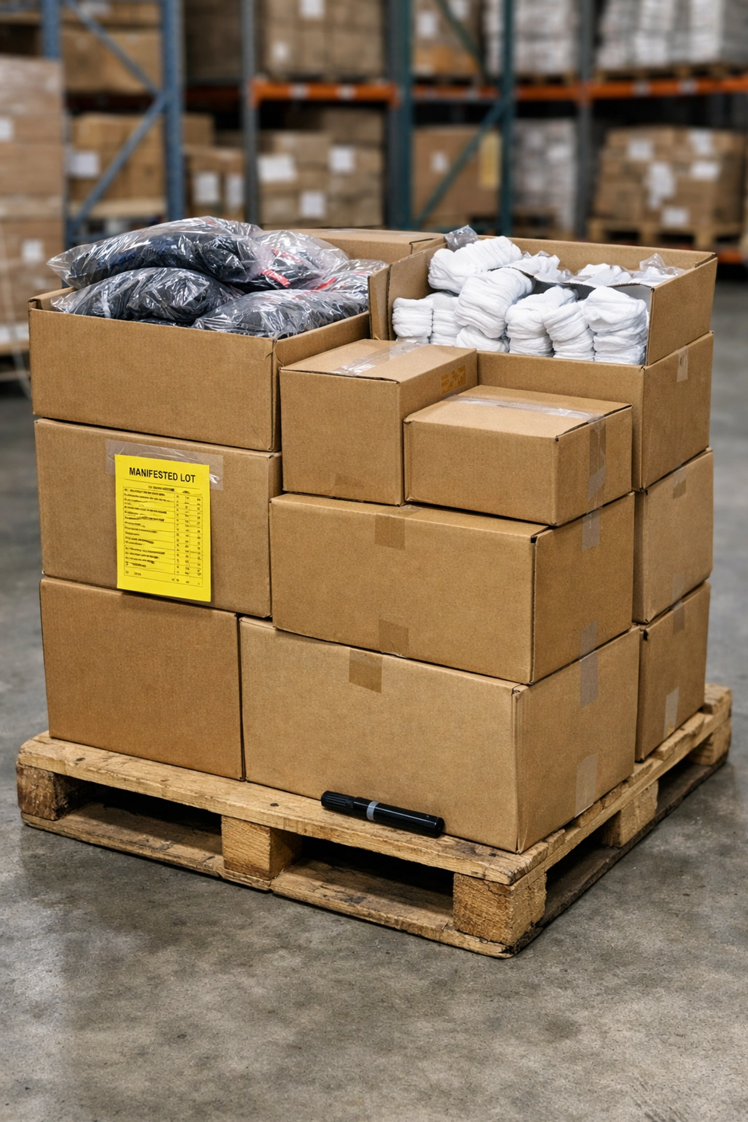 Manifested liquidation pallet with wholesale clothing and socks boxes ready for Amazon FBA in a warehouse.