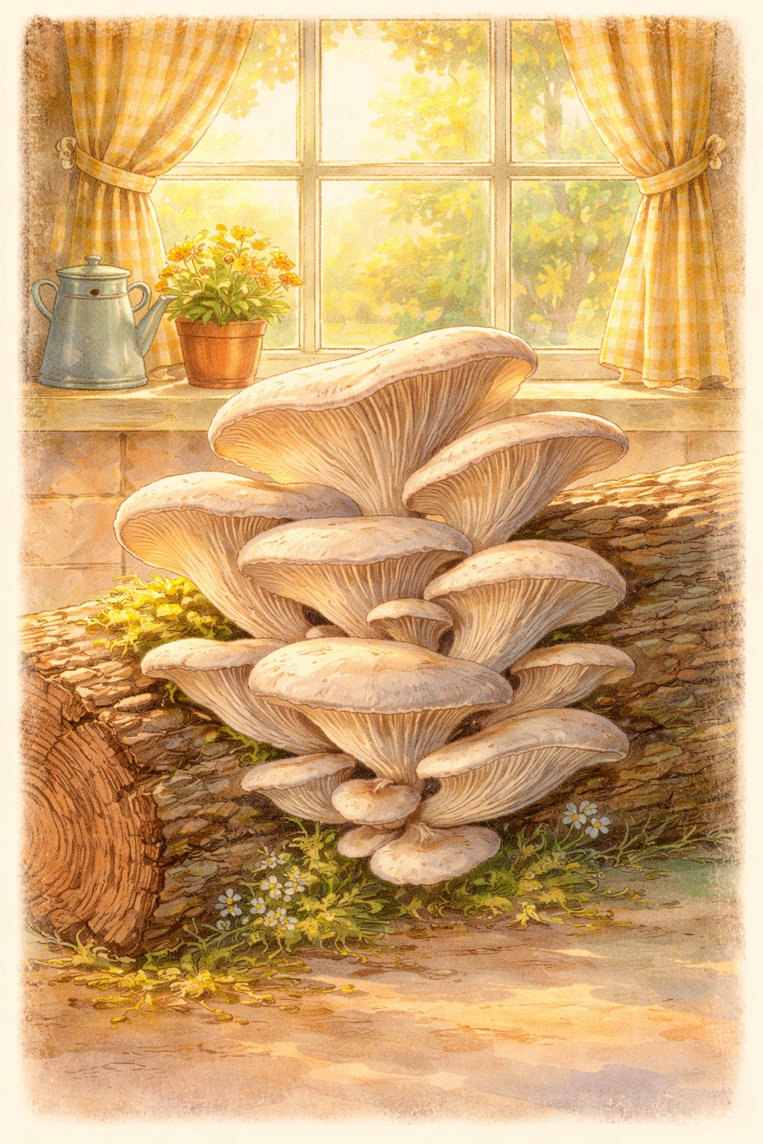 Hand-drawn illustration of pearl oyster mushrooms growing on a log, ideal for vertical mushroom farming indoors.