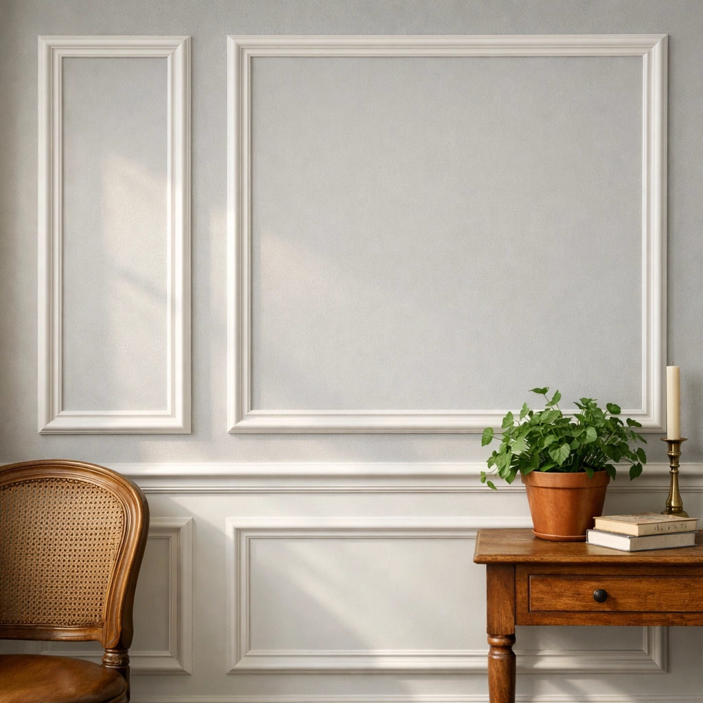 White picture frame molding adding architectural detail to grey wall in dining room