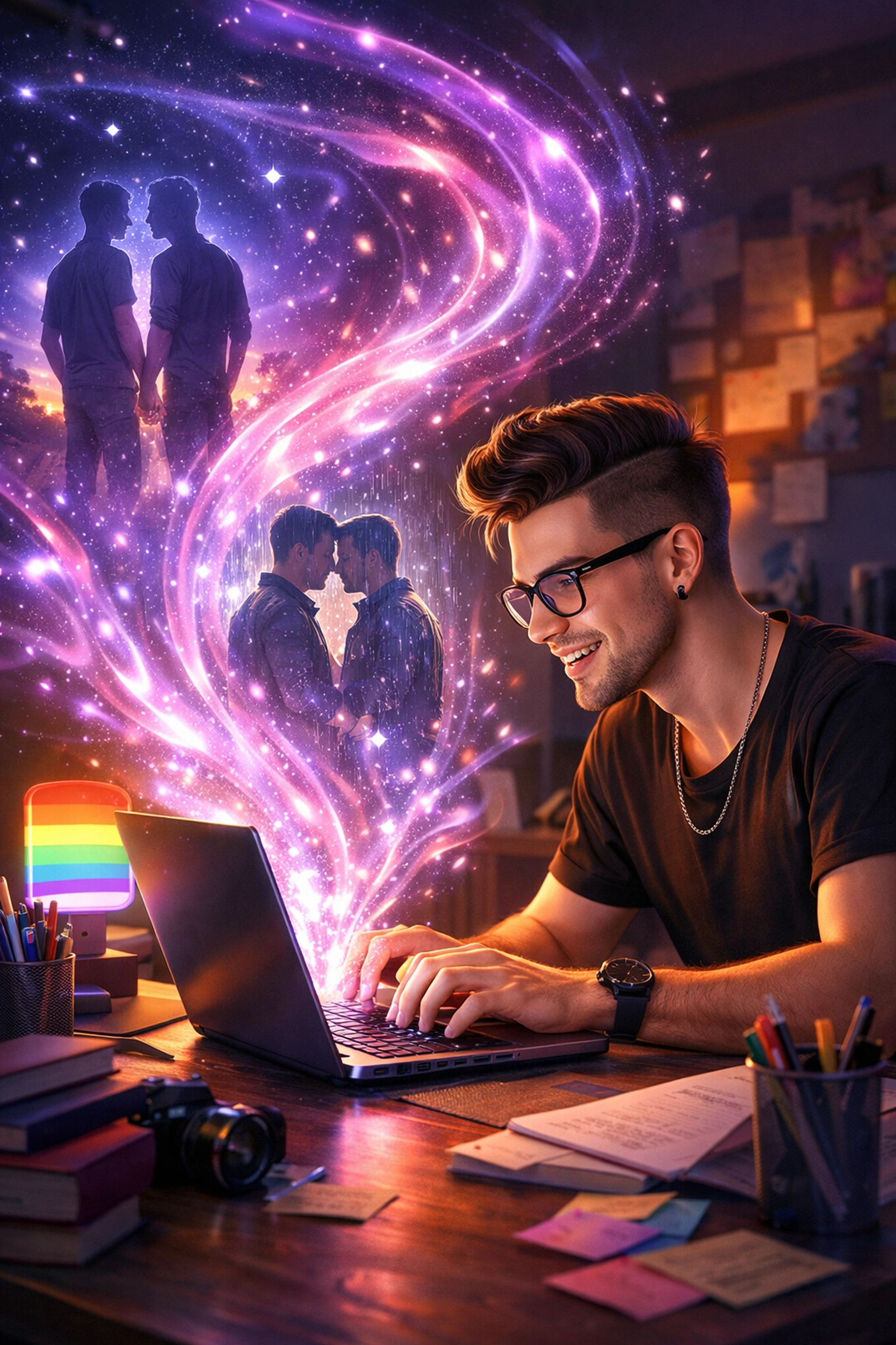 An inspired gay author writing an MM romance series, symbolizing creative freedom and storytelling.