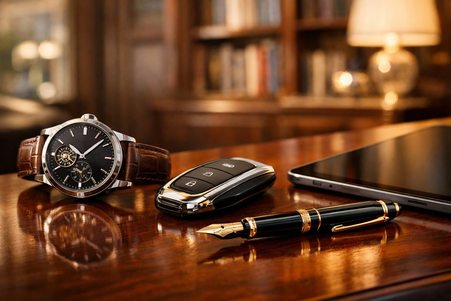 Luxury items on a desk representing high-value wealth identified in a fraud investigation.