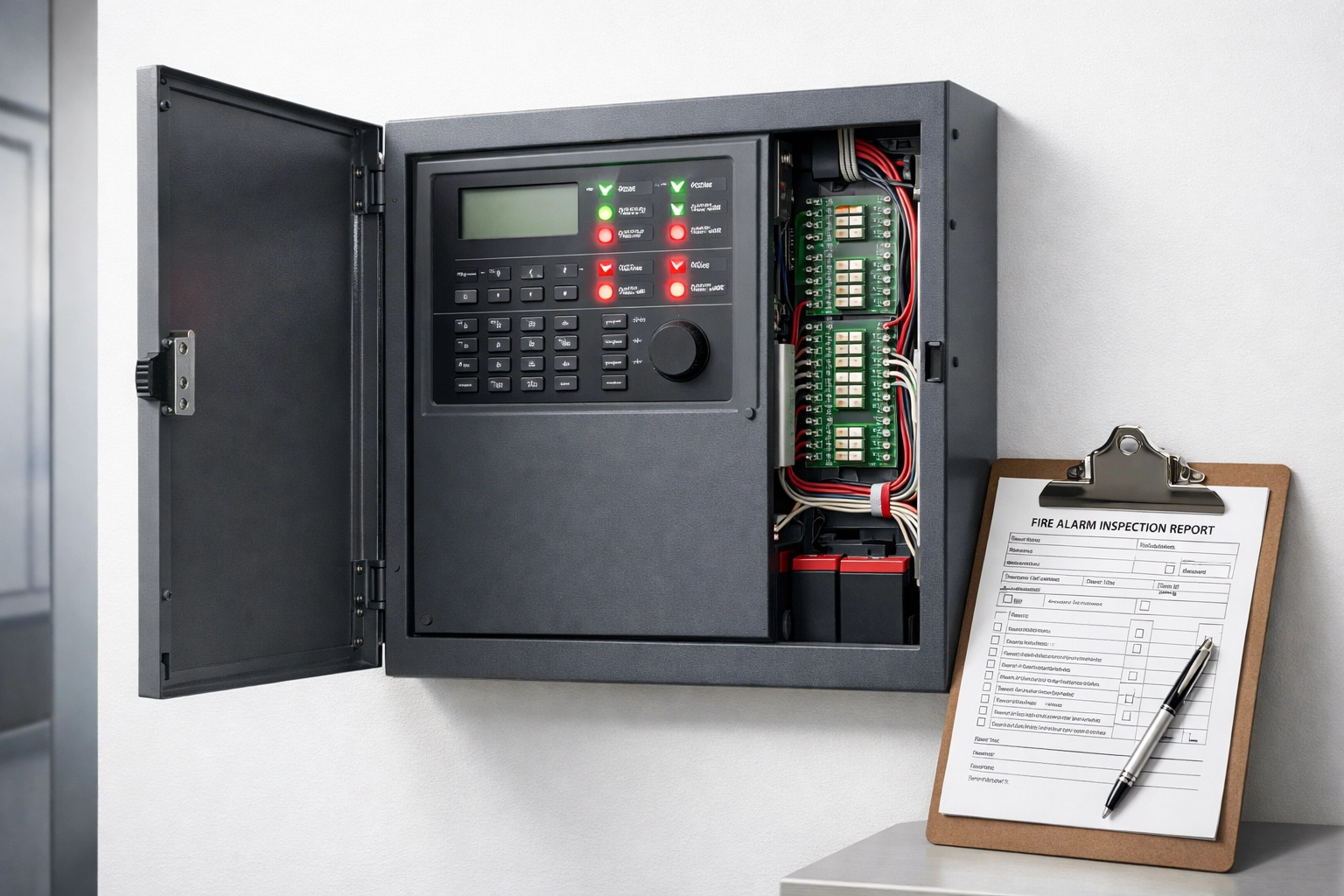 Fire alarm control panel with wiring and inspection documents showing NFPA 72 compliance requirements