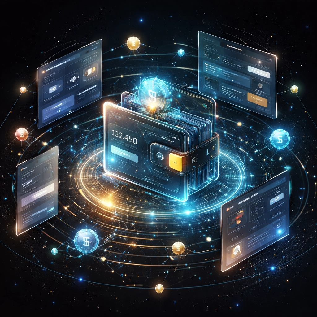 Digital wallet interface surrounded by blockchain nodes, illustrating secure self-custody and smart wallet features in crypto payments.