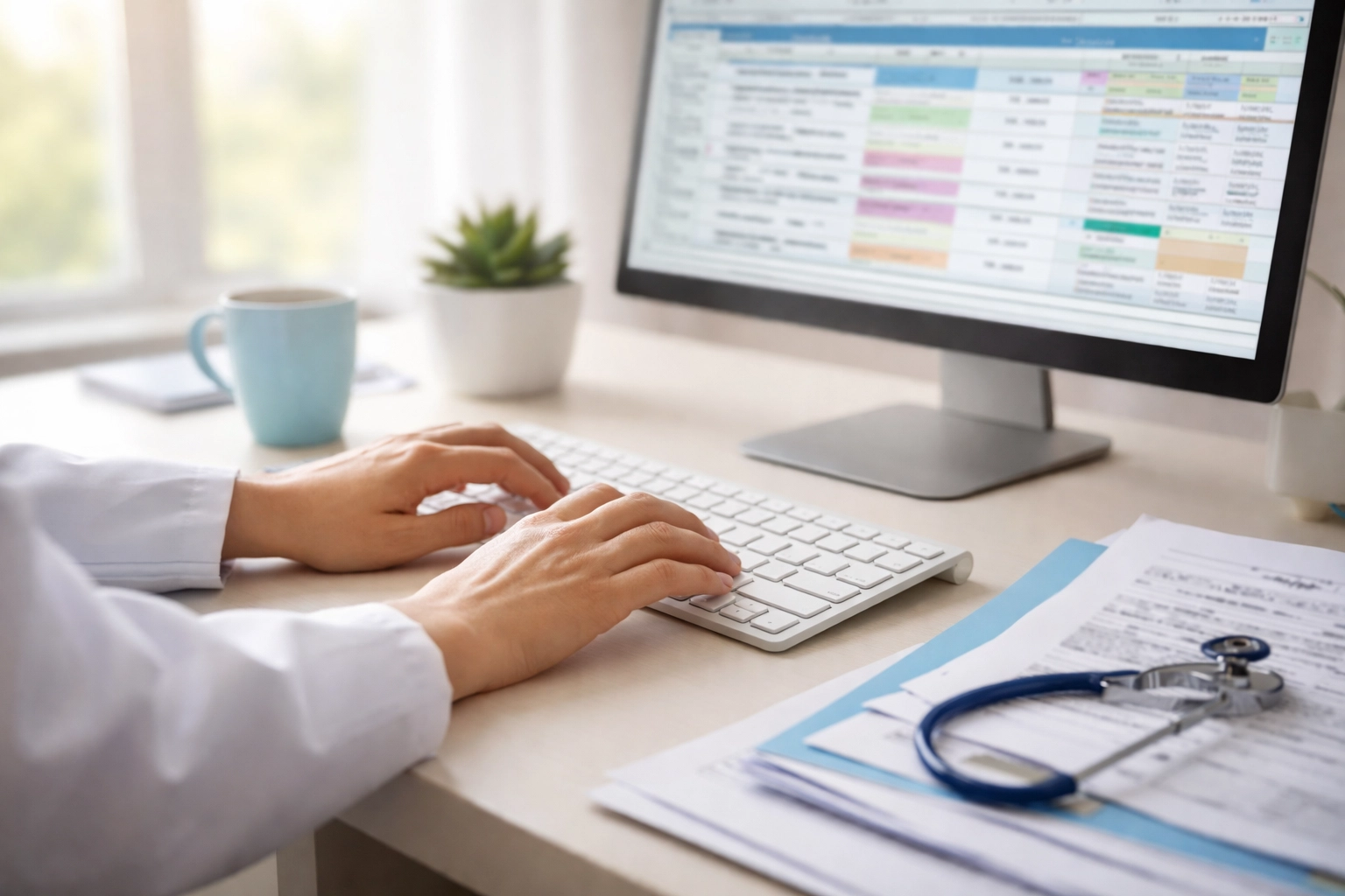Medical billing specialist reviewing coding modifiers at an organized healthcare office desk